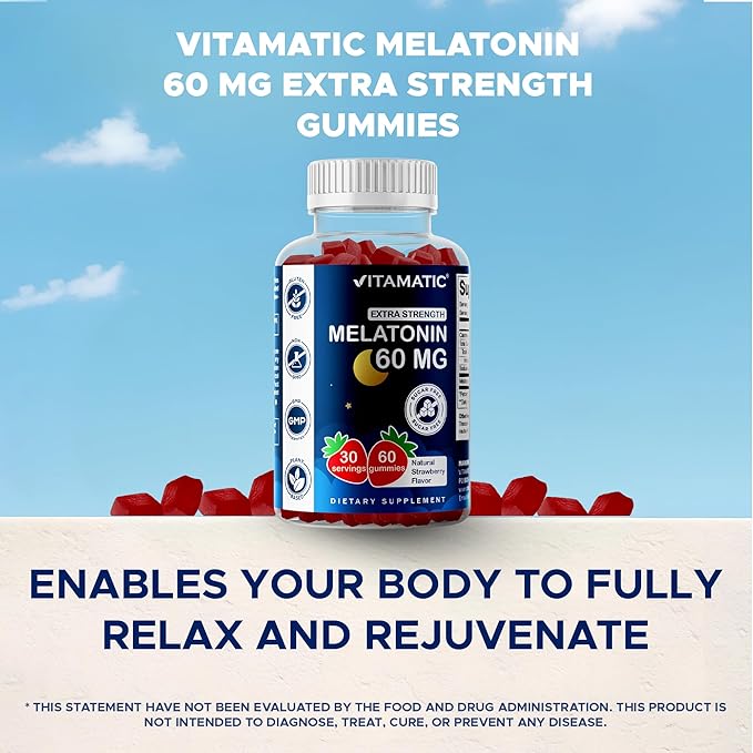 Vitamatic Sugar Free Melatonin 60 mg - 60 Vegetarian Gummies - Non-Habit Forming Supplement- 2 Pack