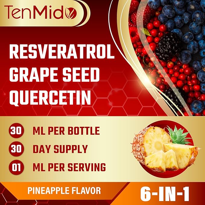 Resveratrol Supplement Liquid Drops - 6in1 with Grape Seed, Quercetin, Curcumin, Raspberry, and Black Pepper - Vegan, Non-GMO - 30ml 1 Fl Oz