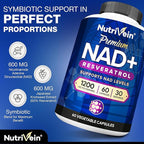 Nutrivein Premium NAD + Resveratrol Supplement 600 mg - 30 Servings (60 Capsules): Powerful Synergistic NAD Resveratrol Supplement - Aging, Cognition, Metabolism, & Overall Well-Being