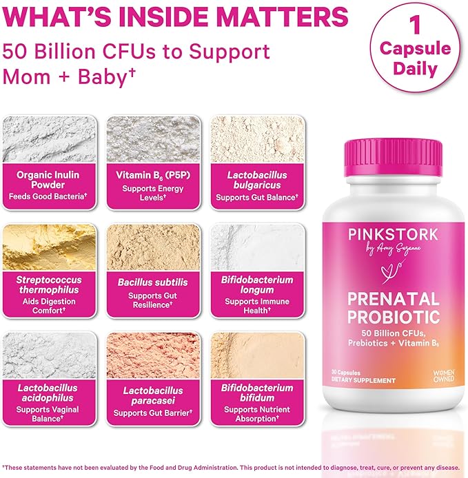 Pink Stork Prenatal Probiotics for Women - Vitamin B6, Prebiotics, Morning Sickness, Gut Microbiome, Pregnancy Probiotic, Immune Support, Pregnancy Must Haves - 60 Capsules