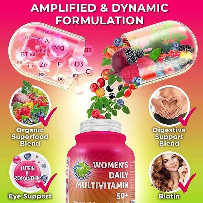 Women's Daily Multivitamin 50 Plus - Vegan Methylated Multivitamin for Women 50 and Over with Biotin, Organic Superfoods & Lutein - Eye, Energy, Gut & Optimal Health Support - Easy to Swallow Capsules