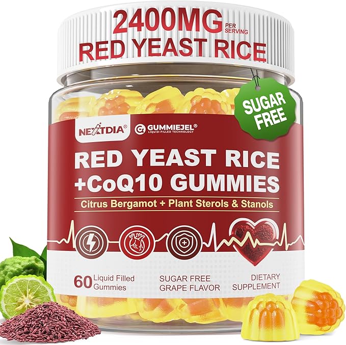 Red Yeast Rice Gummies 2400MG with CoQ10, Suagr Free Balanced Chṏlesterṏl Supplements Plus Citrus Bergamot, Plant Sterols & Stanols Supports Vḁsculḁr Health, Energy, Immunity for Age 50+,Vegan,60 Cts