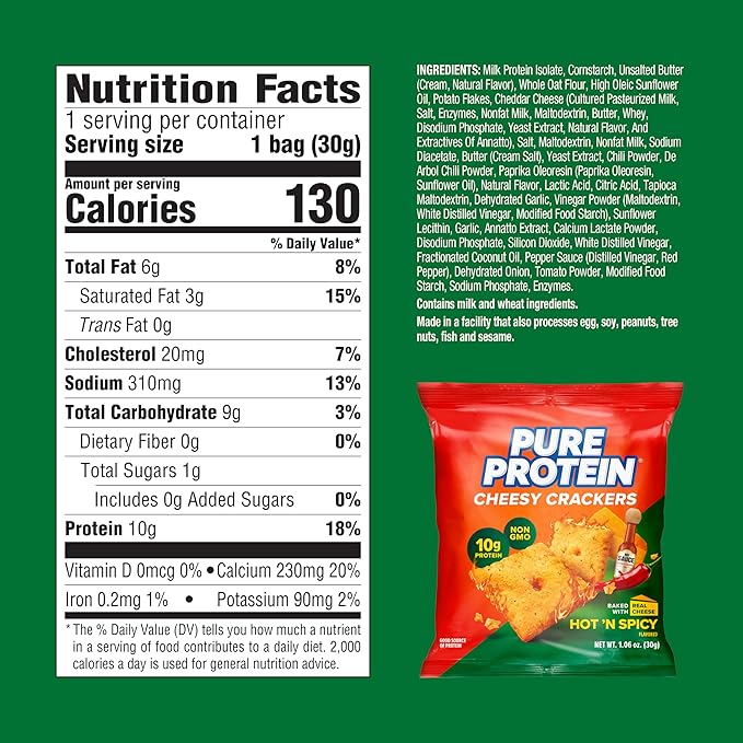 Pure Protein Cheesy Crackers, Hot and Spicy, High Protein Snack, 10G Protein, 1.34 oz, 12 Count