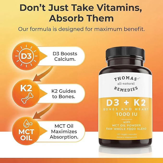 Thomas' all-natural Remedies D3 + K2 with MCT Oil for Better Absorption & Raw Whole Food Blend, 1000 IU D3, Vegan, Made in USA, Support for Your Heart, Bones & Teeth, Non-GMO (120ct)
