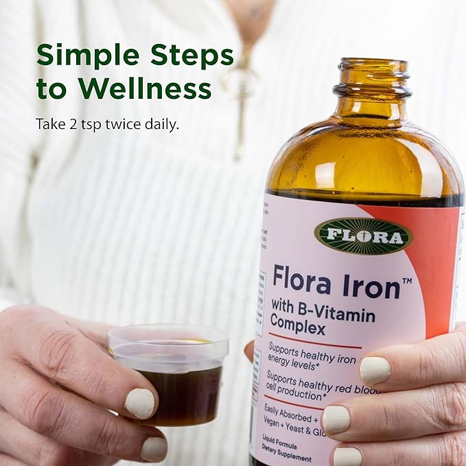 Flora Iron with B-Vitamin Complex - Helps Maintain Healthy Iron Levels - Non-Constipating, Highly Absorbable - Vitamin-B & Liquid Iron - Vegan Supplement - Yeast & Gluten Free, 15-oz. Glass Bottle