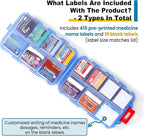 14 Grids Travel Pill Organizer Box with 415-Pcs Medicine Name Labels - Pocket Daily Pharmacy Case Container Kit - Travel Medication Holder Dispenser for Fish Oil Vitamin Supplement Storage -Clear Blue