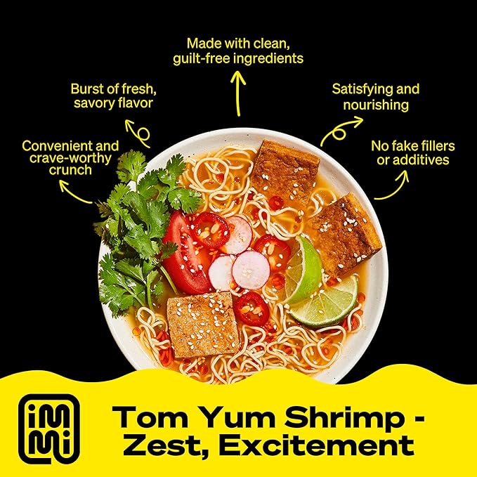 immi Tom Yum “Shrimp” Ramen – Bright, Zesty Flavor with More Protein – Vegan, High Protein Ramen Noodles – Low Carb, Zero Sugar – Healthy Keto-Friendly Ramen Bowl, 6-Pack