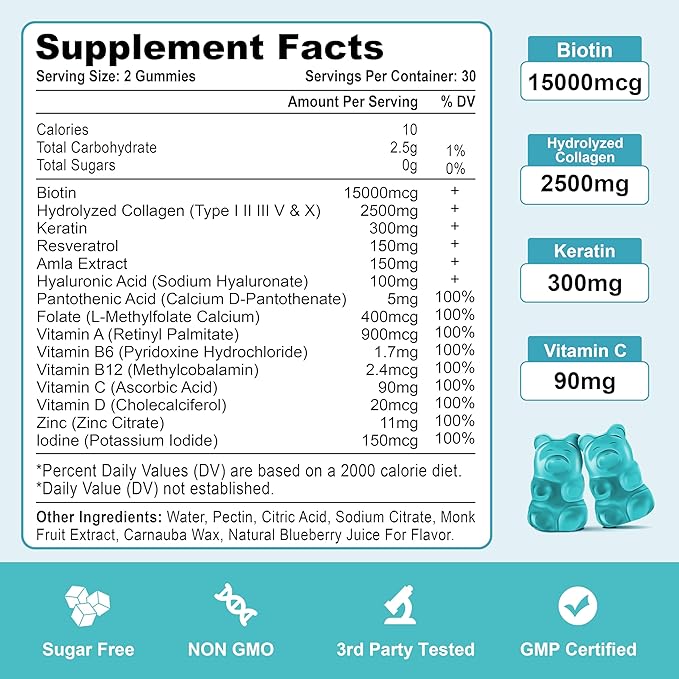 Biotin with Collagen Gummies, Hair Skin and Nails Vitamins Gummies for Hair Growth, Glowing Skin & Strong Nails - Blueberry Flavor, Sugar Free, 60 Count