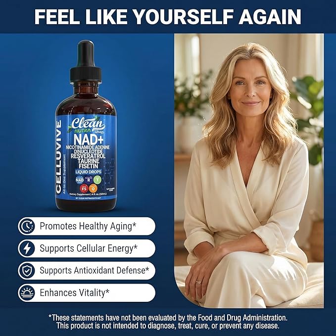 Liposomal NAD Resveratrol Supplement Liquid Drops for Women Taurine Fisetin Grape Seed Quercetin Berberine Astaxanthin Pterostilbene Spermidine Fo Ti Gotu Kola Anti Aging CelluVive by Clean Nutra 4oz