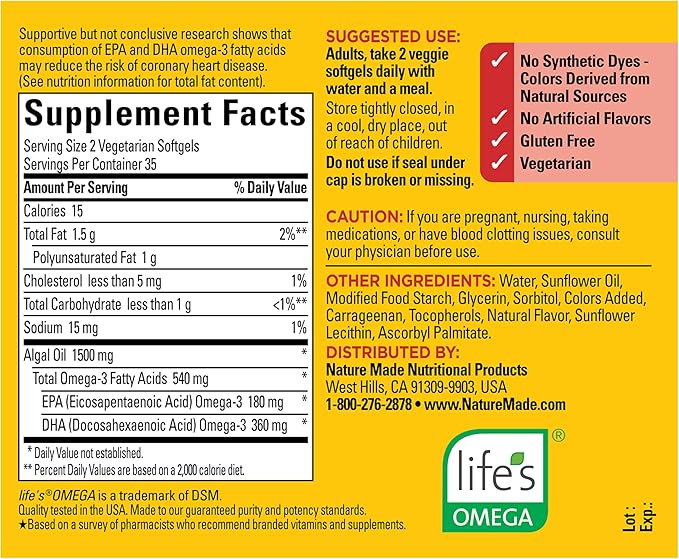 Nature Made Algae Oil Omega 3 Supplement 540mg, Omega 3 Fish Oil Alternative, 70 Veggie Softgels, Sustainable, Plant-Based, for Healthy Heart, Brain, and Eye Support, 70 Softgels