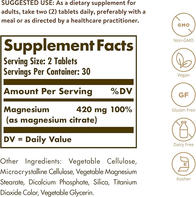 Solgar - Magnesium Citrate, 120 Tablets, Supports Nerve and Muscle Function - 2 Pack