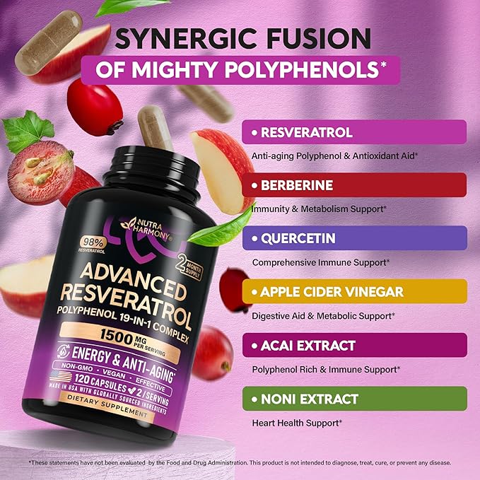 Resveratrol Supplement - 19-in-1 Organic Polyphenol Complex - Noni Extract | Berberine | Quercetin | Apple Cider Vinegar | Acai - Made in USA - Antioxidant & Heart Health Support - 120 Capsules
