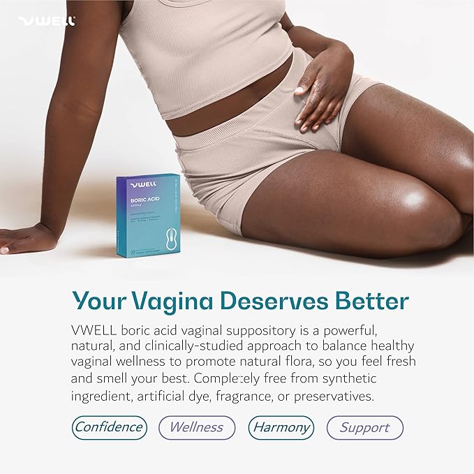 VWELL Boric Acid Vaginal Suppositories - Homeopathic Solution Maintains and Balances Healthy Vaginal pH & Microbiome Intimacy - Doctors Recommended (One Size, 60, Count)