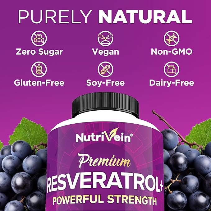 Nutrivein Premium Resveratrol 1450mg - 120 Caps: Pure Trans Resveratrol Supplement Enhanced with Green Tea Leaf & Acai Berry - Aging, Defenses, Brain, Heart, and Joint Support