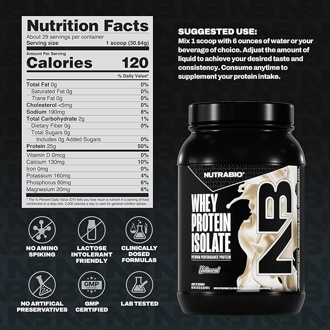 NutraBio 100% Whey Protein Isolate Protein Powder, 25g Protein with Complete Amino Acid Profile, Non-GMO, Soy & Gluten Free, Low Carb, Low Calorie Whey Protein Powder, Raw Unflavored, 2 Lbs
