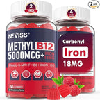Methyl B12 Vitamins 5000mcg Gummies & Iron 18mg for Women, Men - Active Methylted B Complex Supplement w/L-Methylfolate, B6, D3 for Energy, Cognition, Focus, Immune - B12 with Iron Supplement, 2Pack