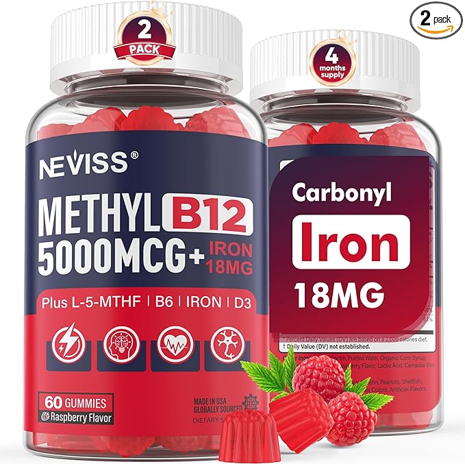 Methyl B12 Vitamins 5000mcg Gummies & Iron 18mg for Women, Men - Active Methylted B Complex Supplement w/L-Methylfolate, B6, D3 for Energy, Cognition, Focus, Immune - B12 with Iron Supplement, 2Pack