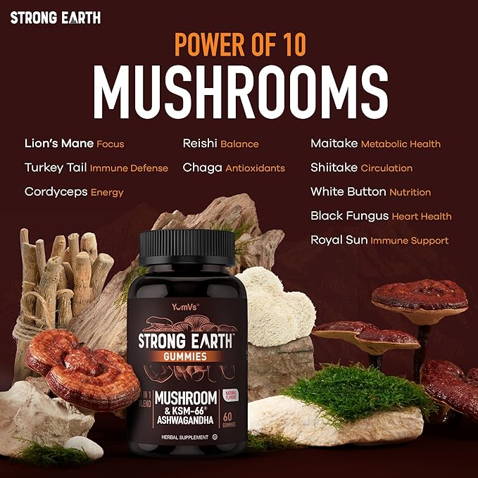 Mushroom Gummies with Ashwagandha - 350mg 10-in-1 Mushroom Blend - Lions Mane, Cordyceps, Reishi, Chaga, Turkey Tail, Maitake, Shiitake - Gelatin Free, Vegetarian - 60 Count (2 Per Serving)