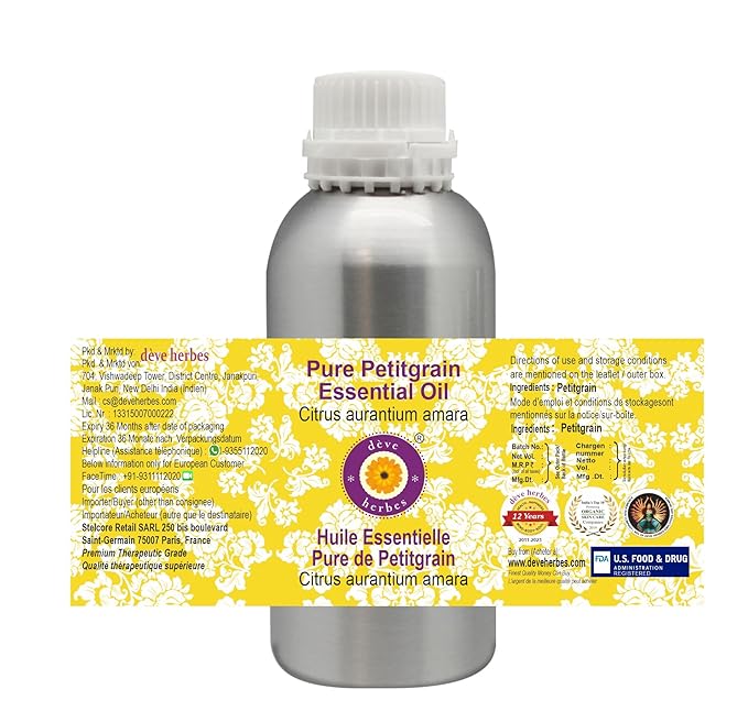 Deve Herbes Pure Petitgrain Essential Oil (Citrus aurantium Amara) Steam Distilled 1250ml (42 oz)