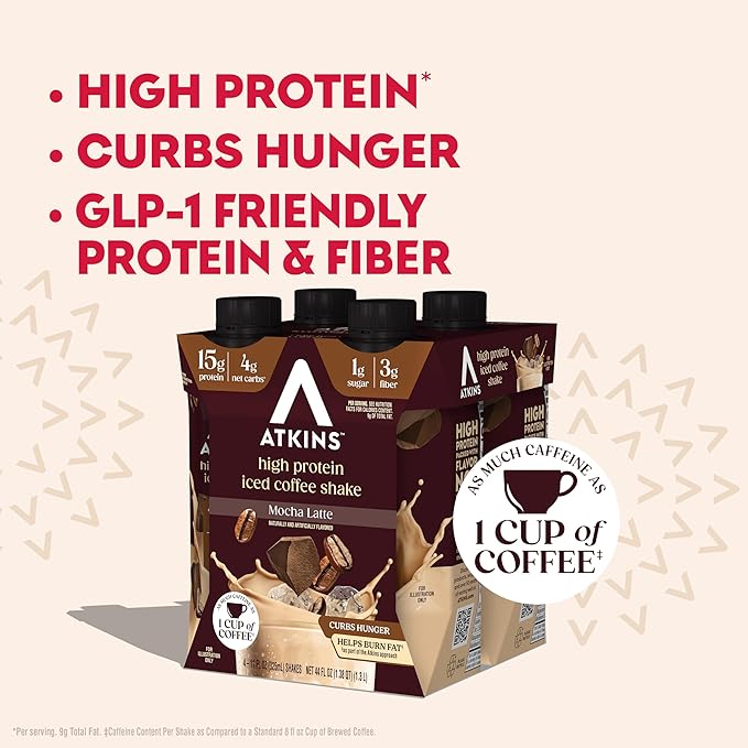 Atkins Mocha Latte Iced Coffee Flavored Protein Shake, High Protein, Low Glycemic, Low Carb and Low Sugar Shakes, Keto-Friendly, 12 Pack
