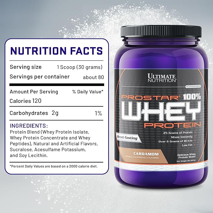 Ultimate Nutrition Prostar Whey Protein Powder Isolate, Cardamon - Low Carb, High Protein Powder Shake for Muscle Gain & Recovery - Low Sodium, Low-Fat & Keto Friendly - 2 lbs Tub