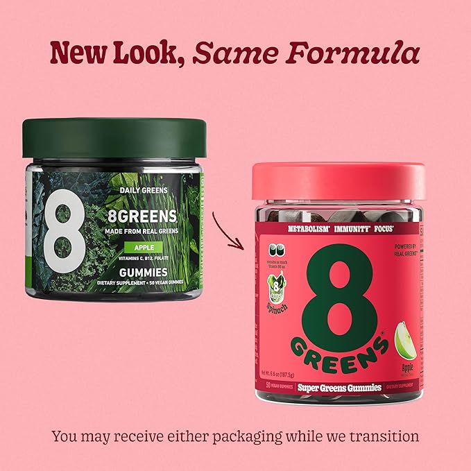 8Greens Supergreens Gummies | Super Greens Powder Superfood Gummy for Metabolism, Immunity & Focus, Digestive Health Enzymes, Organic: Chlorella, Spirulina, Aloe Vera, Apple Flavor, 100 Count