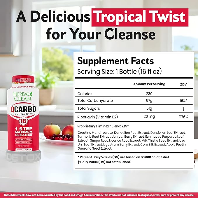Herbal Clean Qcarbo16 Same-Day Detox Cleanse Drink (16 fl oz) - Tropical Flavor Full Body Cleanse* Detox Drink for Moderate Toxin Level*, Vitamin B2 and Vitamin B12 for Men & Women