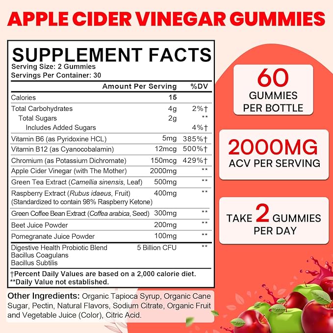 Apple Cider Vinegar Gummies, Max Strength Keto Acv Gummies with Green Tea, Probiotics, B12, B6, Keto Support, Apple Cider Vinegar with Mother for Detox & Cleanse, Digestion & Gut, Vegan, 120 Counts