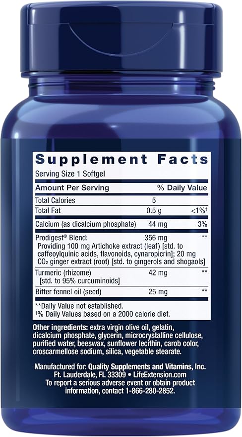 Life Extension Bloat Relief, Artichoke, Ginger, Fennel and Turmeric for Digestive Health, Supports Bloating Relief and Promotes Digestive Comfort, Gluten Free, Non-GMO, 60 softgels