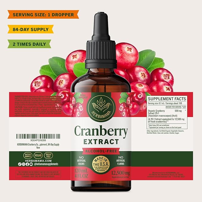 HERBAMAMA Cranberry Supplement Tincture - Vegan Urinary Tract Support for Men and Women with Cranberry Extract - Non-GMO, Alcohol & Sugar-Free Kidney Support Supplement, 84-Day Supply