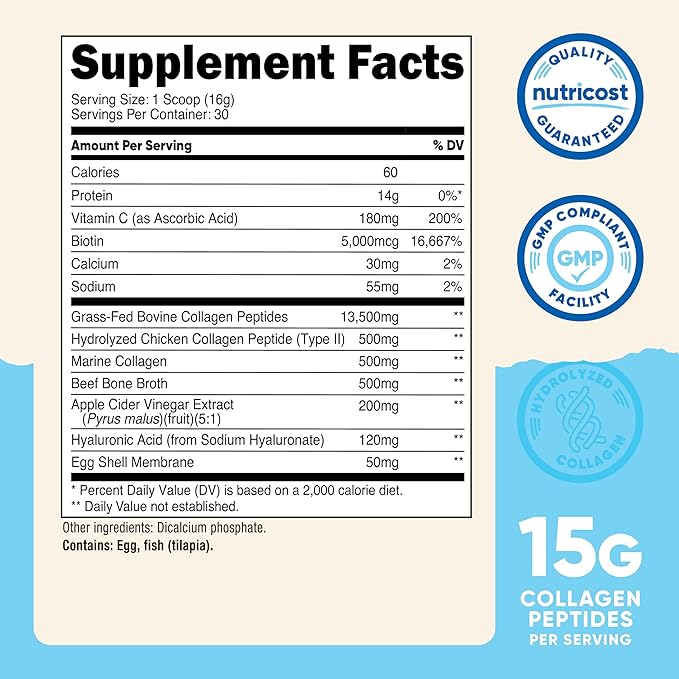 Nutricost Multi Collagen Protein Complex (Unflavored, 30 Servings) - Supplement with Biotin, Hyaluronic Acid, and Collagen Peptides