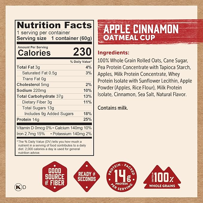 Kodiak Cakes Instant Protein Apple Cinnamon Oatmeal in a Cup, 2.12oz (Pack of 12)