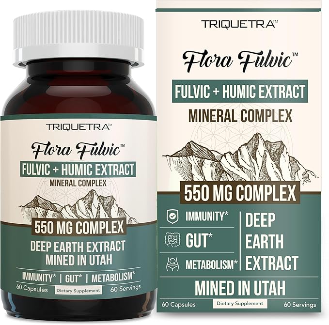 Flora Fulvic | Fulvic Acid + Humic Acid Complex – 550 mg |Mined in Utah, Prehistoric Deep Earth Extract | Immunity, Gut, Digestion – Natural Trace Mineral Complex, Fulvic Acid Supplement – 60 Capsules