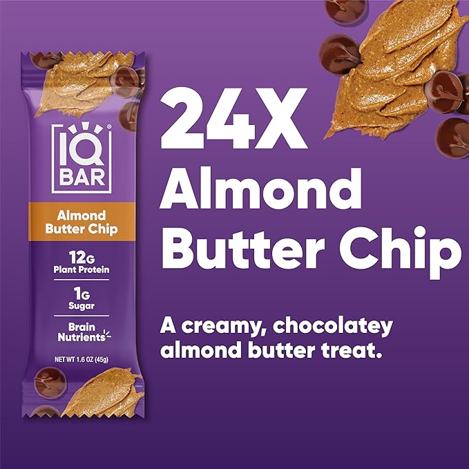 IQBAR Clean Plant Protein Bars - Almond Butter Chip - 24 Count - Keto, Vegan, High Fiber, Gluten and Dairy Free, Low Sugar Snack - Brain and Body Nutrients for Focus, Energy, Meal Replacement