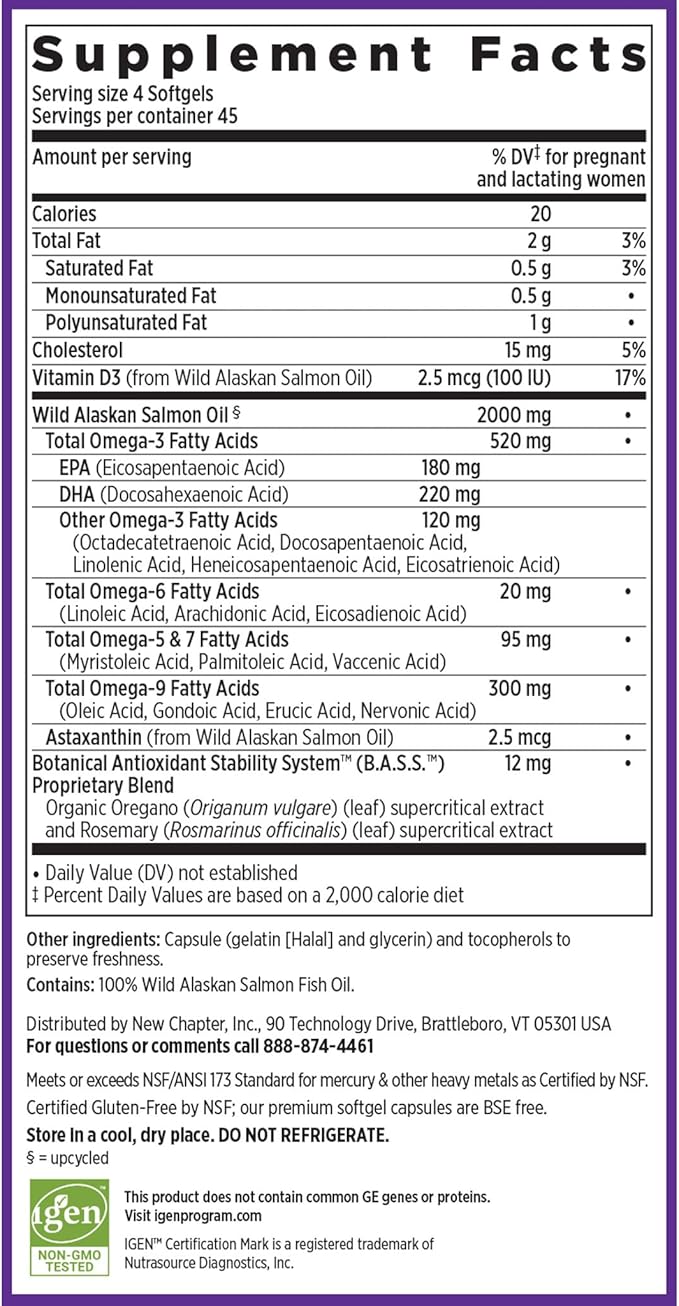 New Chapter Wholemega for Moms Fish Oil Supplement, Tiny Capsules, 2000mg per Serving, Prenatal DHA with Omega-3 + Vitamin D3 for Prenatal & Postnatal Support, 500mg Each - 180 Count