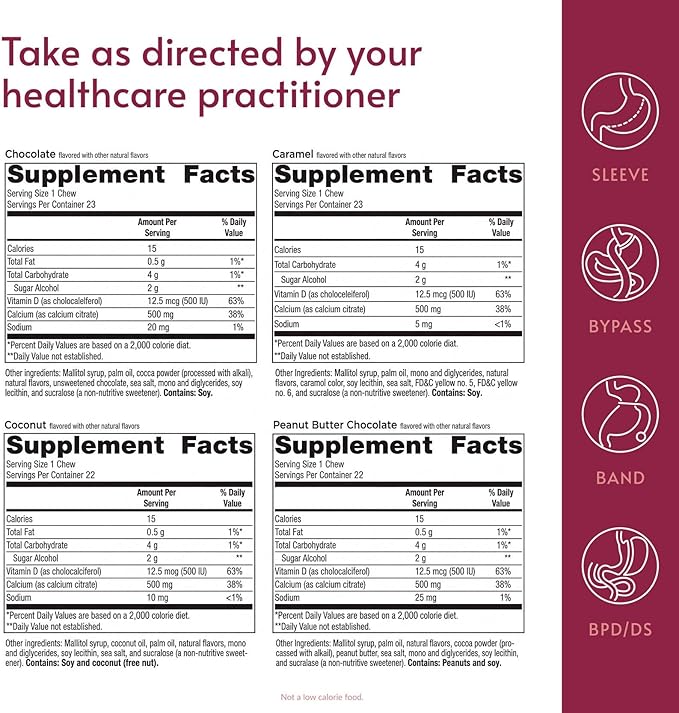 Bariatric Advantage Calcium Citrate Chewy Bites 500 mg - Highly Absorbable & Digestible - Vitamin D3 - Easily Chewable Calcium Supplement - Assorted Sweet Flavor - 90 Count