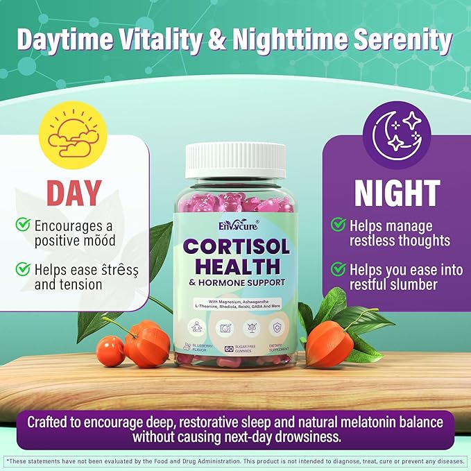 Cortisol Supplements for Women & Men, Cortisol Reducer Gummies w/ Magnesium, Ashwagandha, L-Theanine, Rhodiola, Reishi, 24 IN 1 Cortisol Detox Manager for Calm Mood, Focus & Relaxation,Vegan, 60 Cts