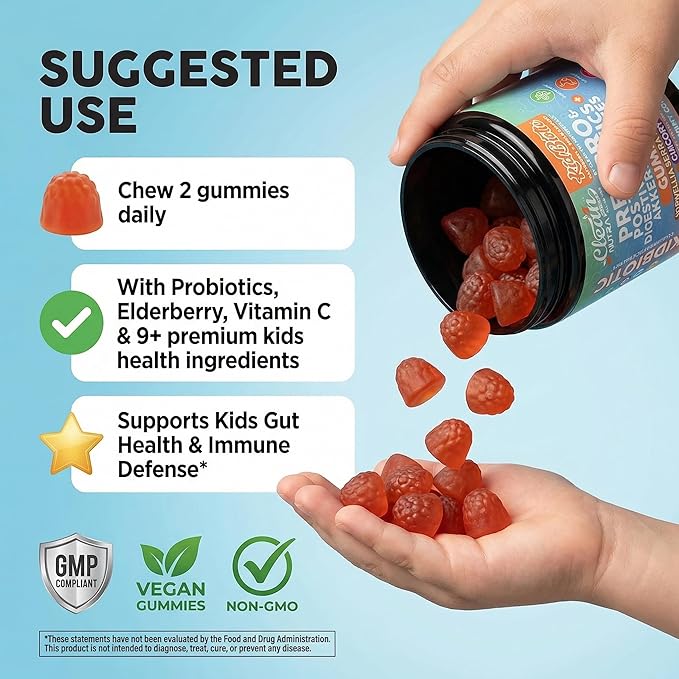 Clean Nutra Kids Probiotics Gummies with Prebiotics, Postbiotics, Digestive Enzymes, Akkermansia, Boswellia Serrata, Turmeric, Chicory – 60 Count – Plant-Based Supplement for Kids – PeachPop Flavor