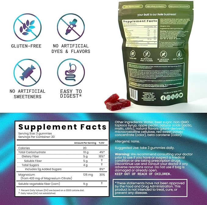 Fiber Extra Strength Gummies with Magnesium Citrate – Extra Strength Gut & Digestive Support – Mixed Berry Flavor – Daily Wellness Supplement – 60 Gummies (3)