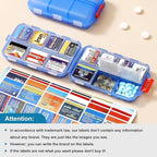 3 Pack 14 Grids Travel Pill Organizer Box with 415-Pcs Medicine Name Labels - Pocket Daily Pharmacy Case Container Kit - Travel Medication Holder Dispenser for Fish Oil Vitamin Supplement - Clear