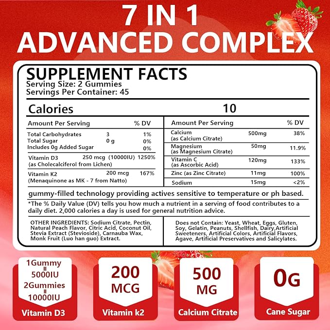 Vitamin D3 K2 Gummies,Sugar-Free,Vegan,Extra Strength,with Calcium Magnesium Zinc,for Immune Support,Bone Teeth Heart Health,for Adults,Non-GMO Gluten Gelatin Free