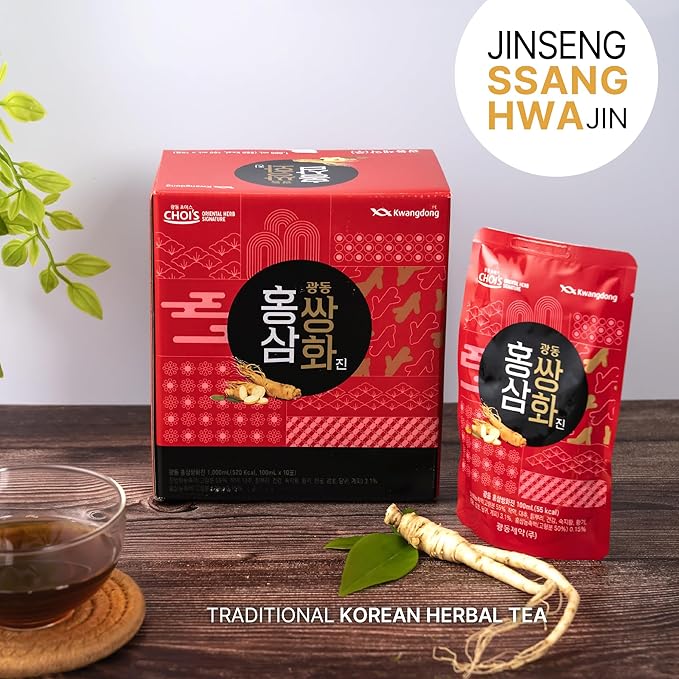 KWANGDONG Ssang Hwa Jin (Red Ginseng) - Korean Traditional Herbal Red Ginseng Tea, Supports General Wellness, Energy, and Vitality, 10 Pouches