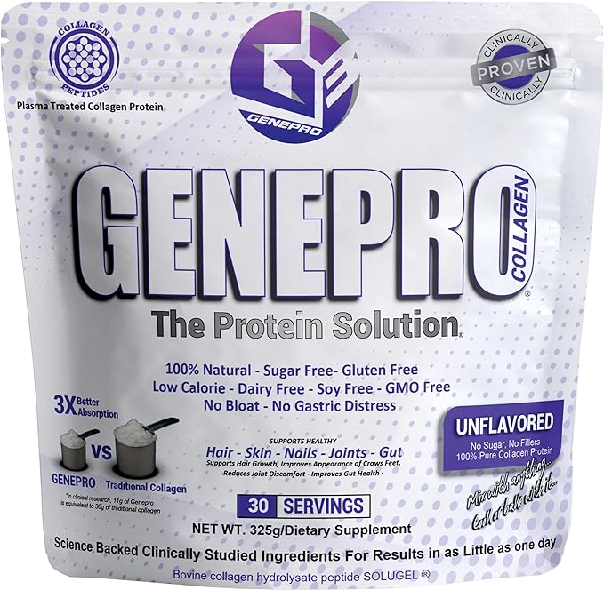 Musclegen Research Genepro Unflavored Protein Powder with Collagen Peptides - Lactose-Free, Gluten-Free Protein Supplement Shake for Hair, Skin and Nails (30 Servings)