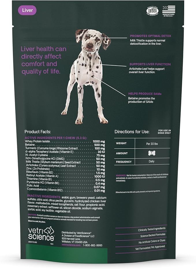 VetriScience Liver Health Chews with Milk Thistle, Vetri Liver Detox Supplement for Dogs, Turmeric and Artichoke Leaf for Liver Support and Detoxification, Chicken, 60 Count