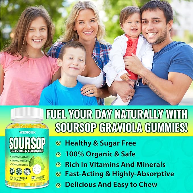 Soursop Graviola Gummies, Max Strength Soursop Leaves Extract with Sea Moss, Turmeric for Cell Support & Regeneration, Immunity, Liver and Antioxidant, Sugar/Gluten Free, Vegan - 60 Soursop Gummies