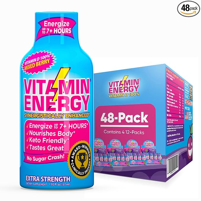 Vitamin Energy Vitamin D Extra Strength Energy Shot Mixed Berry 48 Pack, 260mg Natural Caffeine, B-Complex, Vitamin D, Wellness Support, Keto, Zero Sugar, Gluten-Free Vegan Kosher, 1.93 fl oz
