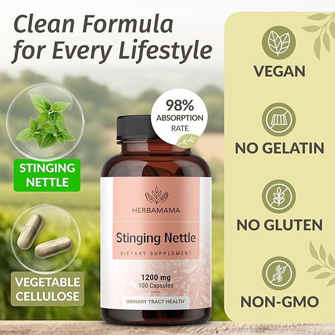 HERBAMAMA Stinging Nettle Capsules - 1200mg Stinging Nettle Root Extract for Urinary Tract Support - Vegan, Non-GMO Urtica Dioica Supplement
