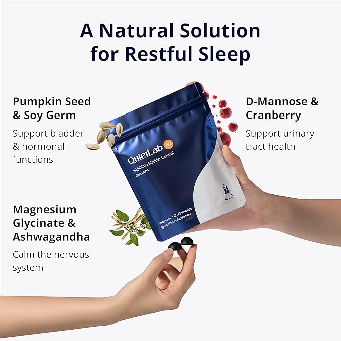QuietLab N1 Nighttime Bladder Support Gummies - Helps Reduce Nighttime Bathroom Trips for Men & Women - Pumpkin Seed, D-Mannose, Ashwagandha for Sleep & Bladder Control - Strawberry Flavor (60 Count)