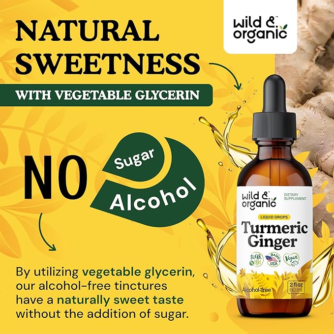 Wild & Organic Turmeric and Ginger Supplement Drops - Joint & Immune Support - Liquid Turmeric with Ginger and Black Pepper Extract - Curcumin Supplement - Vegan, Sugar & Alcohol-Free Tincture - 2 oz