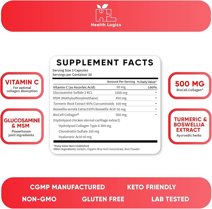 Health Logics Move! Healthy Joints with BioCell Collagen, Glucosamine, MSM, Vitamin C, Turmeric Extract 95% Curcuminoids, Boswellia Serrata | Support Joint Comfort | Non-GMO | 90 Capsules